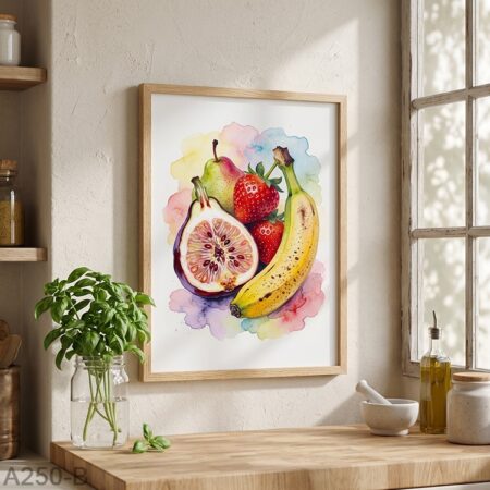 Tableau Décoratif Cuisine & salle à manger : Nature Morte Peinture Aquarelle - Fruits Colorés, Banane, Fraise, Figue