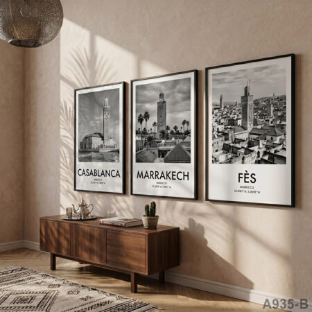 Triptyque Affiches villes du Maroc Noir et Blanc : Casablanca, Marrakech, Fès | Tableau Décoratif architecture & monument