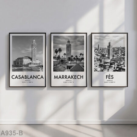 Photos Villes du Maroc Noir & Blanc : Fès, Casablanca, Marrakech, | 3 Tableaux Décoration architecture & monument