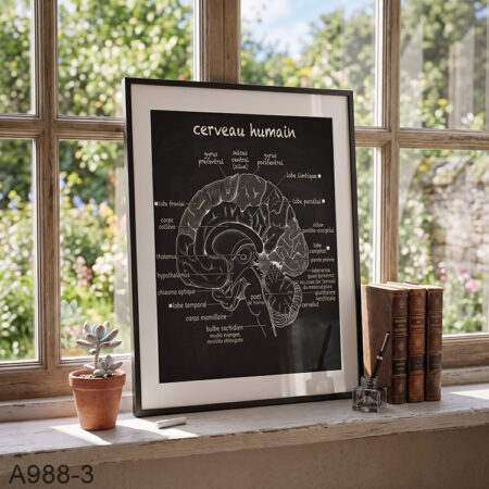 Tableau Décoratif : Anatomie Cerveau Humain - illustration Médicale Précis & Cadre Noir | Affiche Éducatif Décoration Maroc