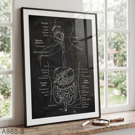 Dessin en crayon Système Digestif - Tableau Médical Gastro-entérologue | Schéma Décoratif Vascularisation des Viscères en cadré sous vitre