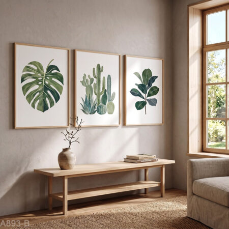 Triptyque Botanique Minimaliste – Affiches Feuilles & Cactus, Décoration Murale Nature, Salon & séjours Moderne