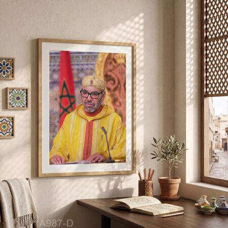 Portrait Roi Mohamed six avec Djellaba traditionnel marocaine, Tableau bureau & réception الملك بالجلباب التقليدي المغربي