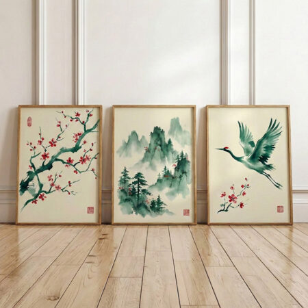 Tableau Décoratif Zen Asie | Triptyque Grue Japonaise | Cadre sous Vitre Salon Chambre Maroc | Art Mural Cadeau Maison