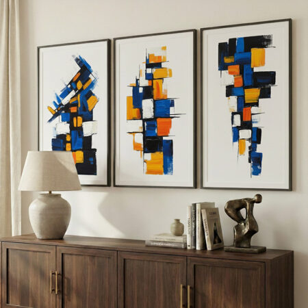 Triptyque Art Abstrait Bleu et Orange, Affiches Modernes Salon, Déco Murale Contemporaine, Lot de 3 Cadres Design