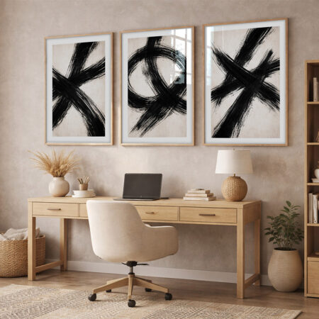 Set 3 Affiches Abstrait Calligraphie | Déco Murale Japandi Noir et Beige | Triptyque Zen Chambre | Cadre Bois Naturel