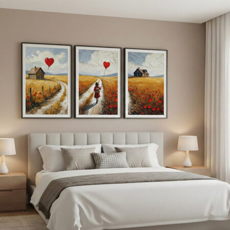 Triptyque Paysage Ballon Rouge et Champ, Art Mural Enfantin, Décoration Maison Campagne, Tableau Poétique et Rêveur