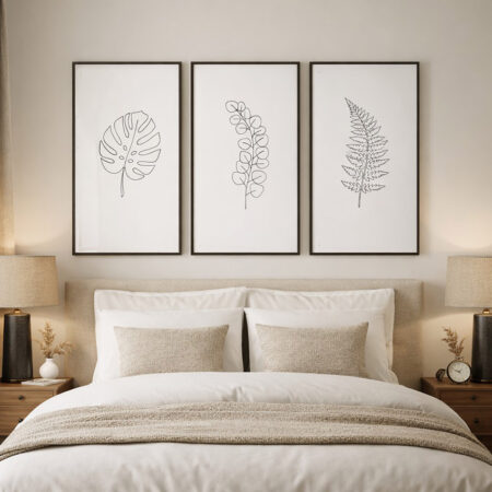 Triptyque Feuilles Minimalistes Line Art, Affiche Botanique Noir et Blanc, Décoration Murale Zen, Tableau Plantes