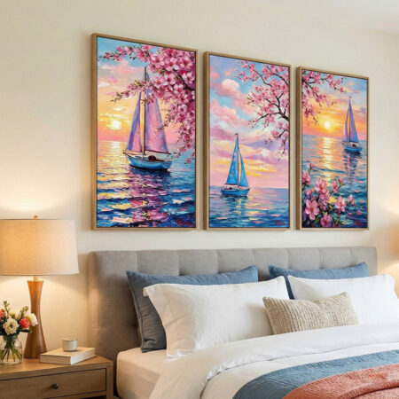 Triptyque Voiliers et Fleurs de Cerisier, Art Mural Coucher de Soleil Océan, Tableau Paysage Marin Romantique et Coloré