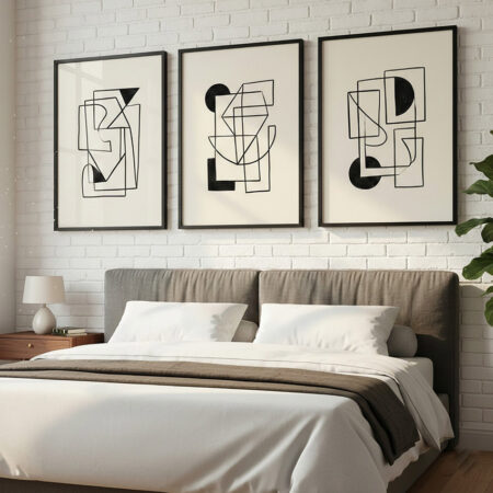 Triptyque Abstrait Géométrique Noir et Blanc, Art Mural Cubiste, Affiche Minimaliste Moderne, Décoration Design