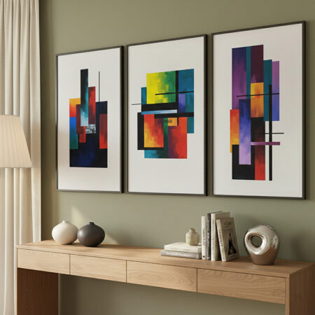 Triptyque Abstrait Géométrique Coloré, Art Mural Moderne, Affiche Style Bauhaus Salon, Déco Intérieur, Impression Toile
