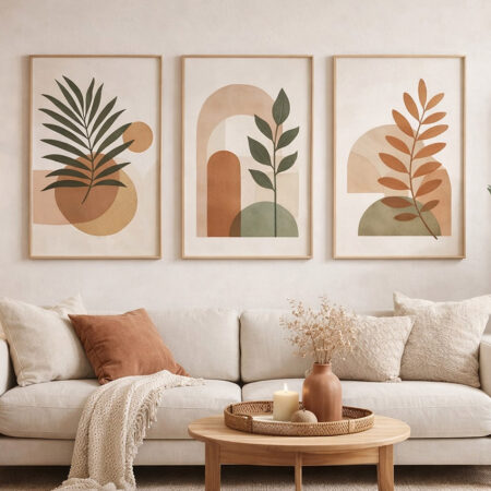 Triptyque Botanique Bohème et Arches, Art Mural Feuilles Tons Terre, Affiche Végétale Minimaliste, Décoration de Nature
