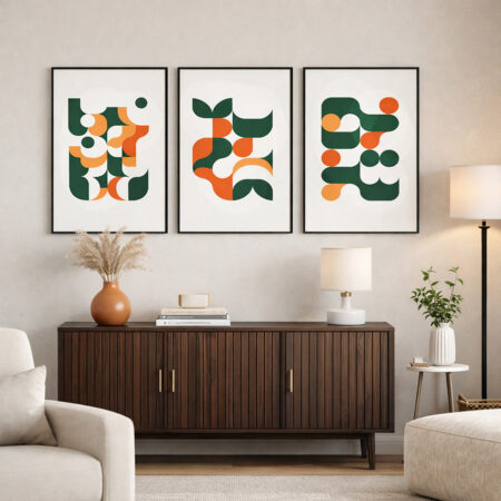 Triptyque Rétro Mid-Century Formes Géométriques, Art Mural Abstrait Vert et Orange, Affiche Vintage Moderne Design Pop