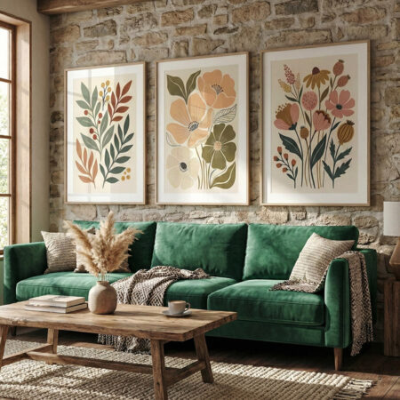 Triptyque Floral Vintage Botanique, Affiche Fleurs Sauvages Tons Doux, Art Mural Romantique, Décoration Maison Campagne