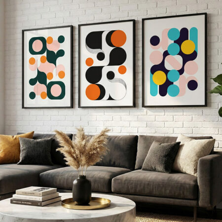 Triptyque Mid-Century Abstrait Coloré, Art Mural Rétro Formes Organiques, Affiche Design Vintage, Décoration Pop Salon