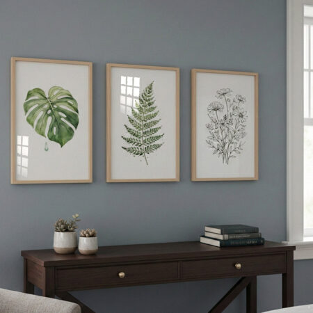 Triptyque Affiches Botaniques, Art Mural Aquarelle Monstera Fougère Marguerite, Décoration Nature Minimaliste Salon