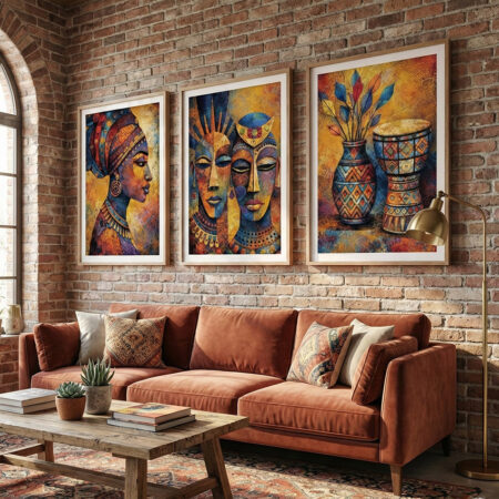 Art Mural Africain Coloré, Triptyque Portraits Femmes et Masques Traditionnels, Décoration Ethnique Vibrante Salon