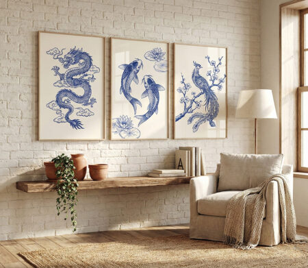 Triptyque Bleu Blanc Porcelaine | Tableau Décoratif Dragon Koi | Cadre sous Vitre Salon Maroc | Art Asiatique Chic