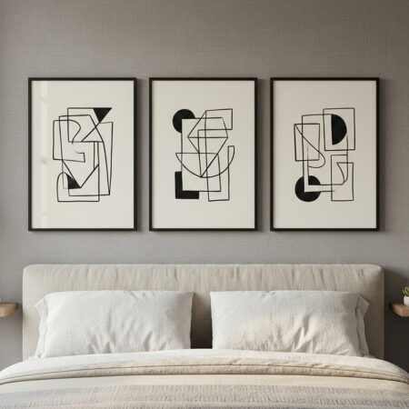 Triptyque Art Abstrait Noir et Blanc, Lignes Géométriques Minimalistes, Décoration Murale Moderne Contemporaine Salon