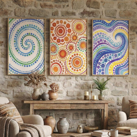 Triptyque Art Aborigène Pointillisme, Peinture Multicolore Spirale et Vagues, Décoration Murale Bohème Vibrante