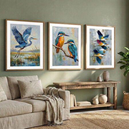 Triptyque Peinture Oiseaux Sauvages, Affiches Martin Pêcheur et Héron, Art Mural Nature Animaux Décoration Intérieure