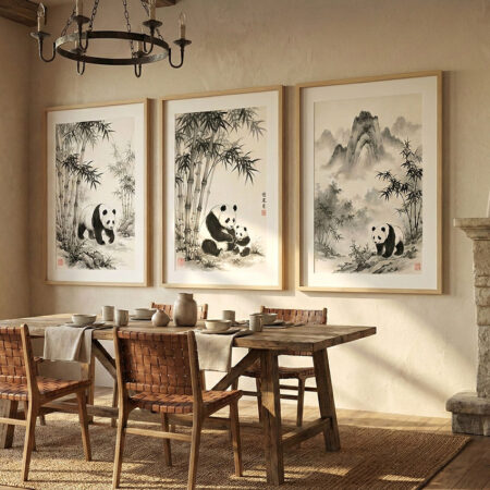 Triptyque Pandas Asiatique Art Mural, Peinture Encre Noir et Blanc, Décoration Murale Zen Salon, Affiche Bambou Montagne
