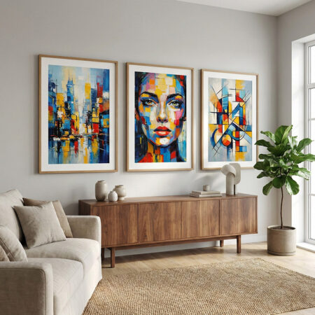 Tableau Abstrait Coloré Triptyque, Portrait Femme Visage, Affiche Art Moderne Géométrique, Déco Salon Pop Art Contemporain