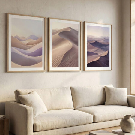 Affiche Dunes de Sable Triptyque, Paysage Désert Pastel, Décoration Murale Bohème Chambre, Tableau Nature Calme Minimaliste
