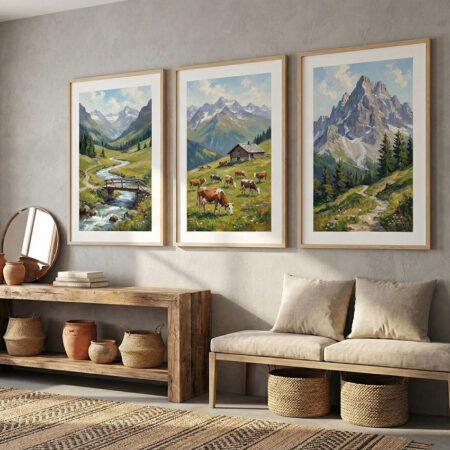 Triptyque Paysage Montagne Alpes, Tableau Vaches Prairie, Affiche Chalet Nature, Déco Murale Rustique Salon Campagne