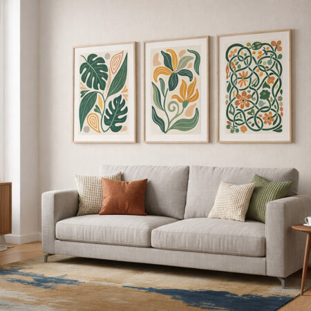 Affiche Botanique Bohème Triptyque, Art Mural Feuilles Vertes et Fleurs Moutarde, Déco Murale Rétro, Tableau Plante Salon