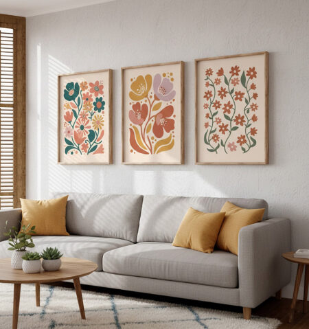 Tableau Fleurs Rétro Triptyque, Affiche Botanique Bohème Terracotta, Décoration Murale Chambre, Art Floral Vintage Doux