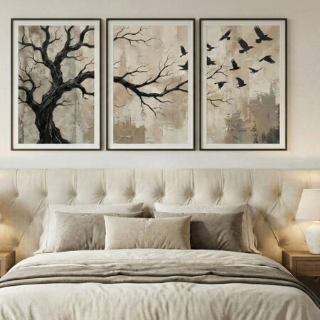 Tableau Décoratif Abstrait Arbre Oiseaux | Triptyque Moderne Salon Séjour Maroc | Cadre sous Vitre Design Nature Élégant