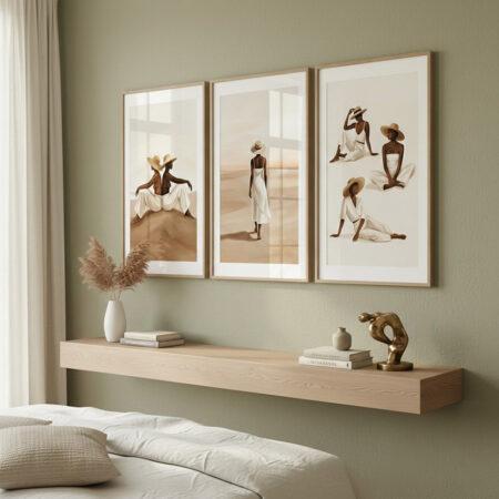 Triptyque Femme Plage Minimaliste, Affiche Mode Bohème Chic, Déco Murale Tons Neutres Beige, Tableau Esthétique Salon
