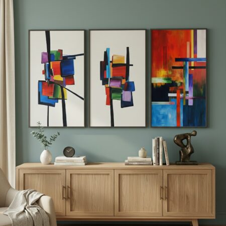 Triptyque abstrait géométrique coloré, décoration murale moderne salon, art contemporain, cadre noir minimaliste.