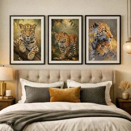 Tableau triptyque léopard jungle, décoration murale animaux sauvages, art savane réaliste, affiche nature salon.