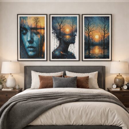 Triptyque art surréaliste visage et forêt, tableau paysage crépuscule bleu orange, décoration murale onirique.