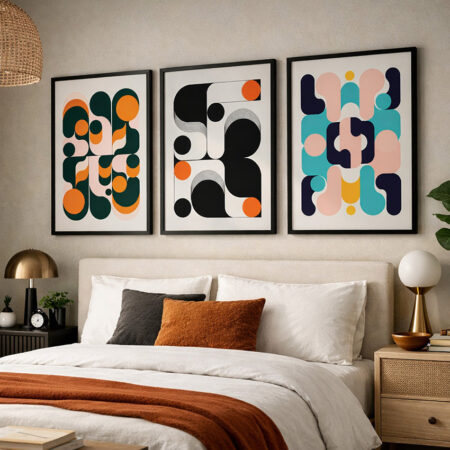 Tableau abstrait rétro Bauhaus, triptyque formes géométriques, décoration chambre moderne, affiche mid-century.