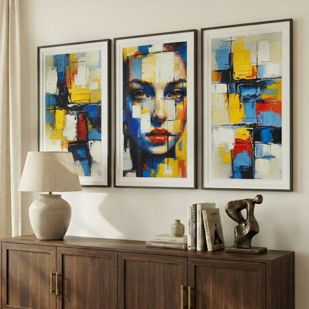 Triptyque portrait de femme abstrait, tableau style cubiste coloré, peinture au couteau, décoration murale élégante.