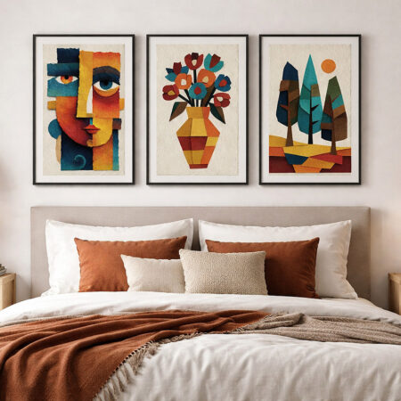 Tableau triptyque effet papier texturé, art naïf abstrait, visage vase et paysage, décoration murale bohème.