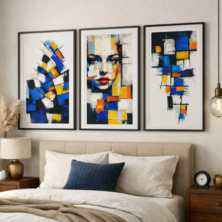 Tableau abstrait visage de femme, triptyque art contemporain bleu et jaune, décoration murale moderne pour salon.