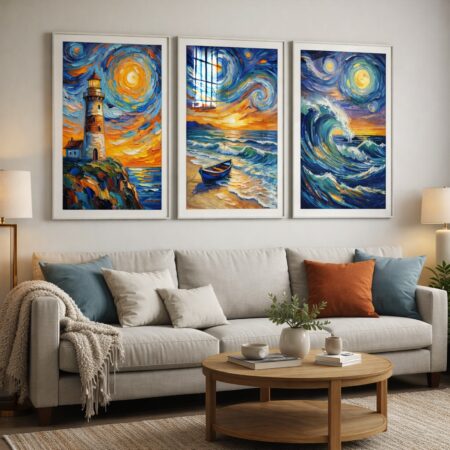 Triptyque paysage marin style Van Gogh, tableau phare et océan nuit étoilée, décoration chambre impressionniste.