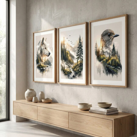 Triptyque animalier loup et oiseau nature, cadre bois minimaliste, décoration murale rustique, affiche salon Maroc