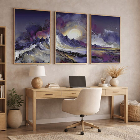 Tableau Décoratif Montagne | Triptyque Abstrait Lune Violette | Cadre sous Vitre Chambre Salon Maroc | Art Moderne