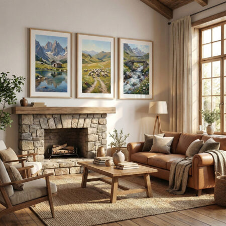 Set de 3 affiches paysages montagne et moutons, art mural nature champêtre, cadre bois simple, déco chambre