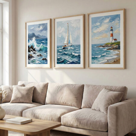 Triptyque océan phare et voilier, peinture marine, décoration murale salon, affiche nautique cadre bois mince