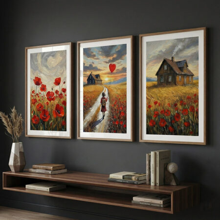 Tableau triptyque coquelicots rouges et campagne, affiche rustique romantique, cadre bois minimaliste, déco maison