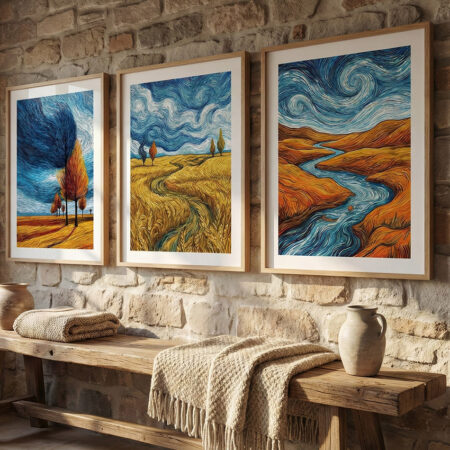 Lot de 3 affiches paysages impressionnistes, art mural style Van Gogh, tourbillons colorés, déco chambre cadre bois