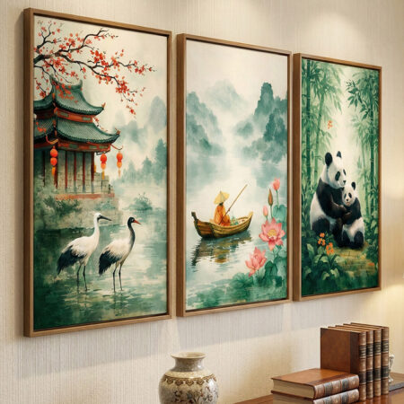 Triptyque art asiatique pandas et pagode, affiche aquarelle zen lotus, cadre bois minimaliste, déco orientale