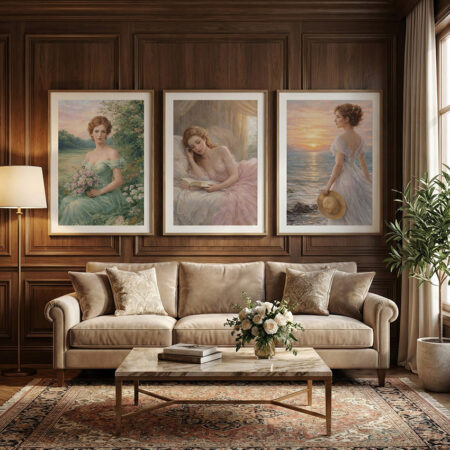 Set 3 affiches romantiques femme classique, peinture vintage 1800, art mural élégant, déco chambre cadre bois