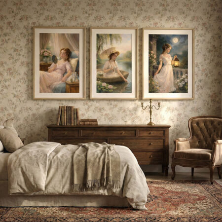 Triptyque peinture femme romantique nuit et jour, affiche classique vintage, décoration murale douce cadre simple